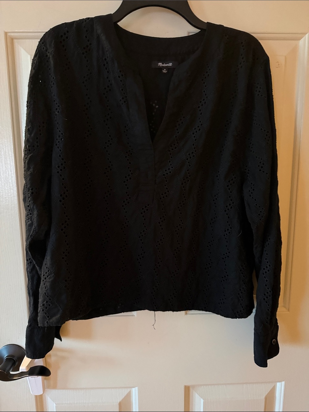 Madewell Black Eyelet V-Neck Long Sleeve Blouse